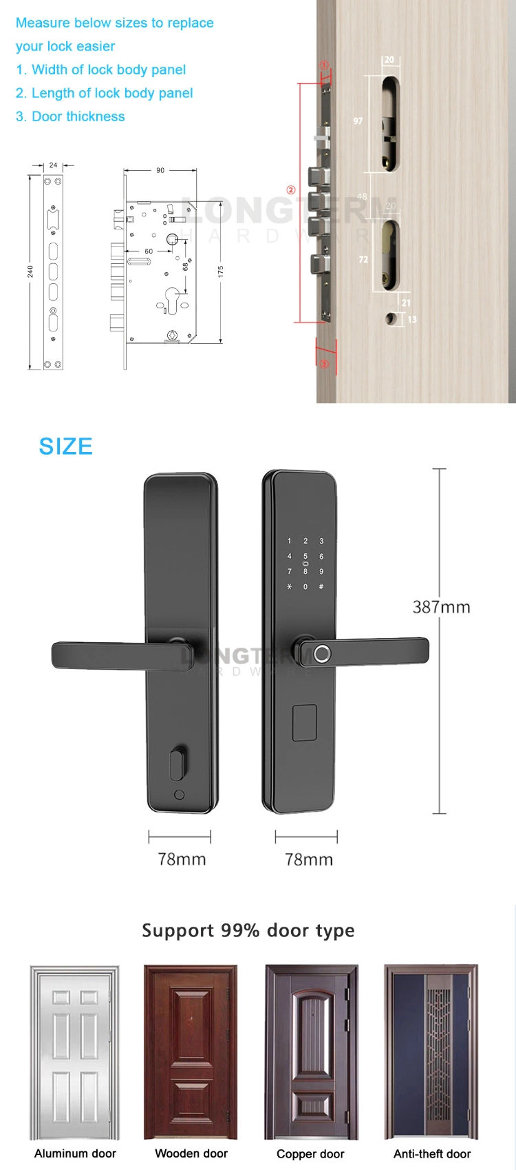 Digital Fingerprint WiFi Ttlock Smart Entry Door Lock with RFID Card Key