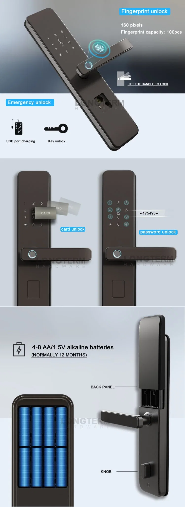 Digital Fingerprint WiFi Ttlock Smart Entry Door Lock with RFID Card Key