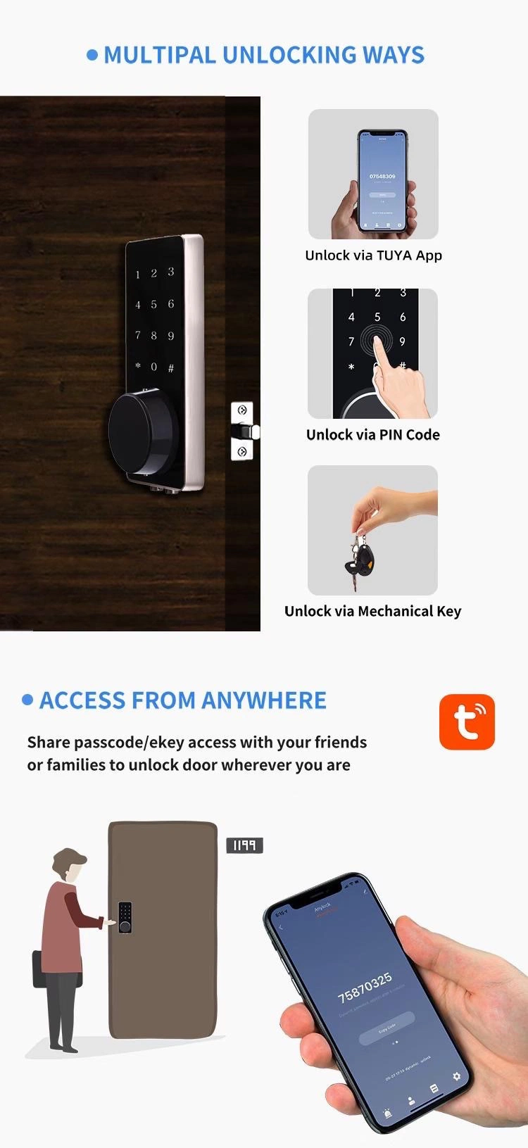 High Security Competitive Price Automatic Home Cellphone Electronic Locks Digital Electronic Lock Tuya Ttlock APP Smart Lock WiFi Smart Door Lock