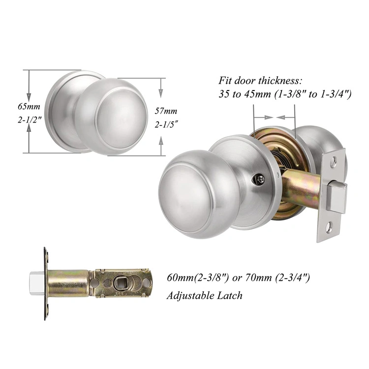 Passage Door Knob with Removable Latch Plate Keyless Interior Door Lock in Solid Stainless Steel for Hallway and Closet, No Locking, Standard Round Ball Handle