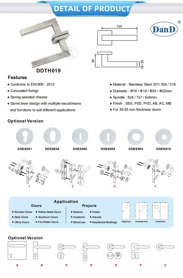 Polished Stainless Steel Wooden Door Hardware Luxury Square Lever Handle