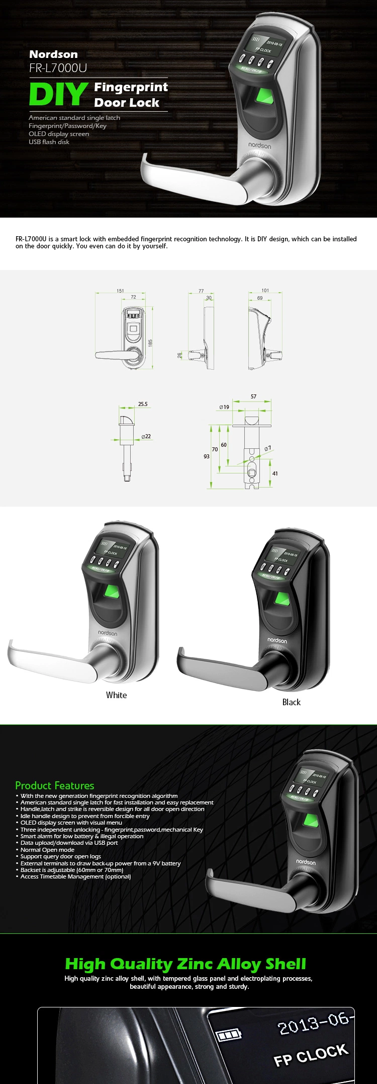 Europe American Standard Single Latch Biometric Lock with USB