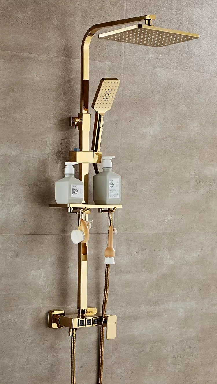 Thermostatic Shower Set Wall-Mounted Golden Square Button Shower Set Square Handle