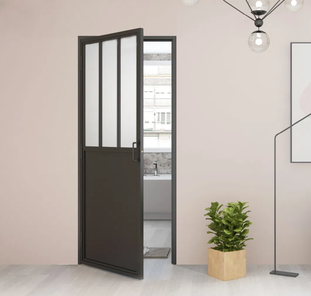 Steel Framed Tempered Glass Swing Door with Handle or Lock for Bathroom