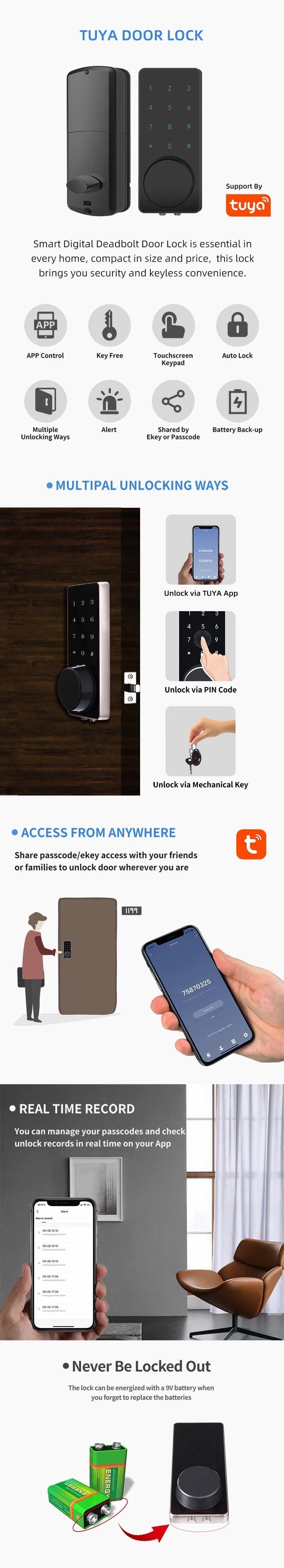 High Security Competitive Price Automatic Home Cellphone Electronic Locks Digital Electronic Lock Tuya Ttlock APP Smart Lock WiFi Smart Door Lock