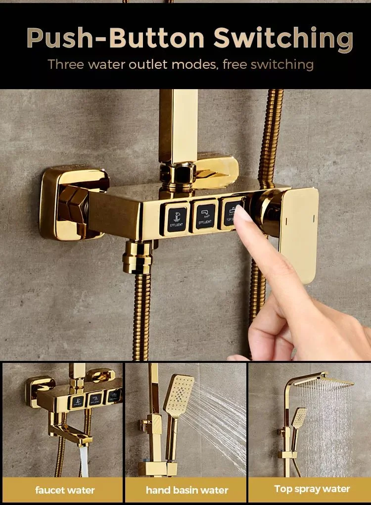 Thermostatic Shower Set Wall-Mounted Golden Square Button Shower Set Square Handle