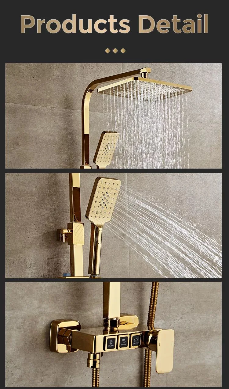 Thermostatic Shower Set Wall-Mounted Golden Square Button Shower Set Square Handle