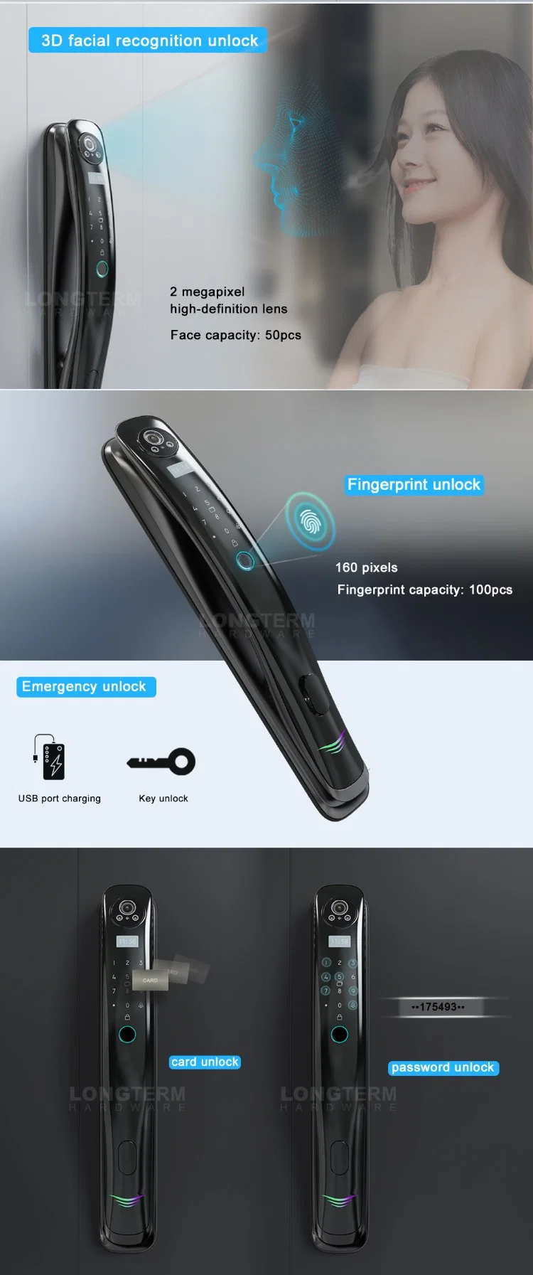 Face Recognition Tuya APP Biometric Fingerprint Smart Door Lock with Camera Doorbell