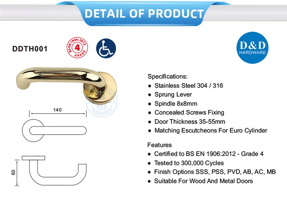 Stainless Steel En1906 Grade 4 Golden Color Lever Handle for Hotel