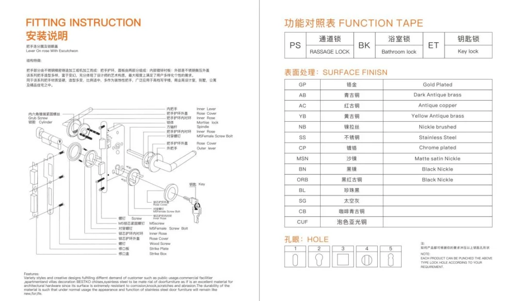 Modern Home Interior Stainless Steel Round Hollow Tube Pull Door Lever Door Handle Hardware on Round Rosette with Lower Escutcheons