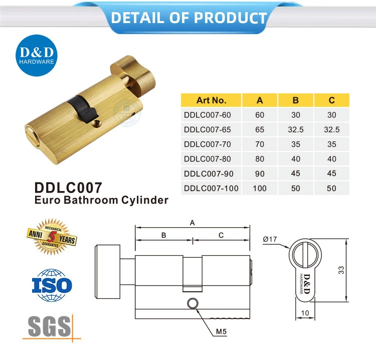 Solid Brass Satin Golden Euro Cylinder Lock for Bathroom Door