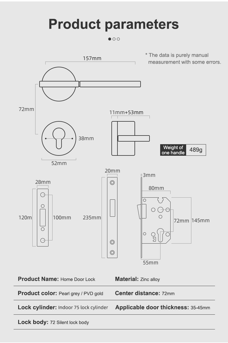 European Style Luxury Zinc Gold Straight Bar Door Lock Hardware Interior Door Handle