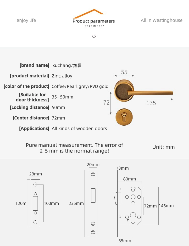 Classic Zinc Alloy American Style Inside Yellow Bronze Split Set Interior Door Handle with Key Set Silent Lock