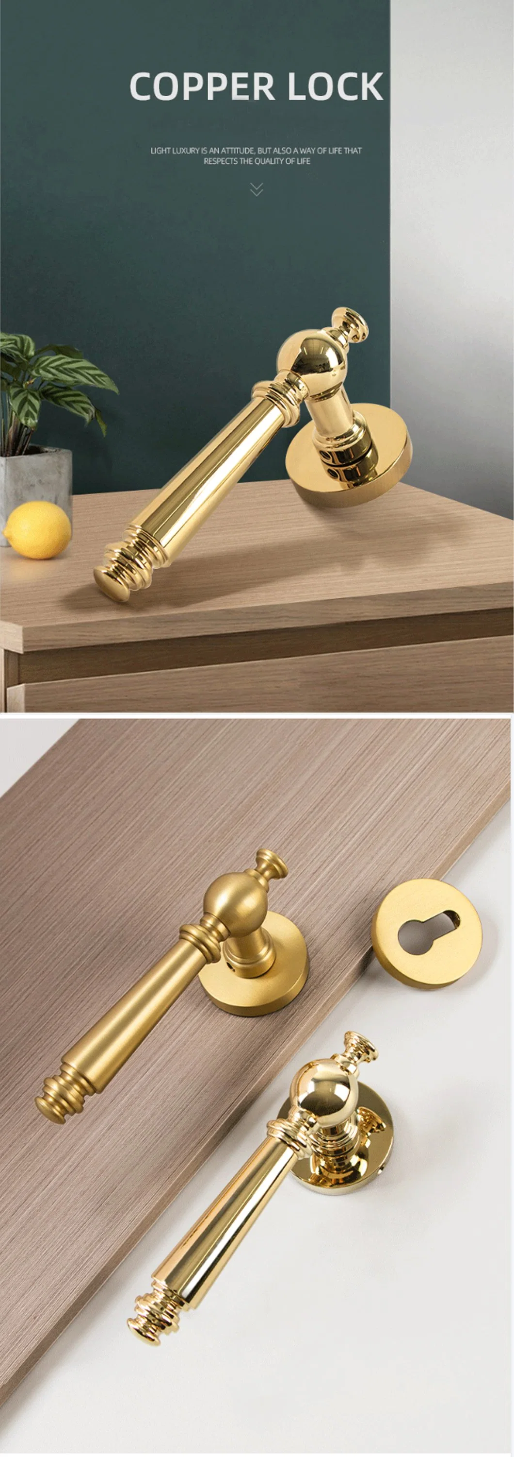 Modern Zinc Alloy Design Pull Handle and Lock Gold Color Luxury Door Handle for Bedroom