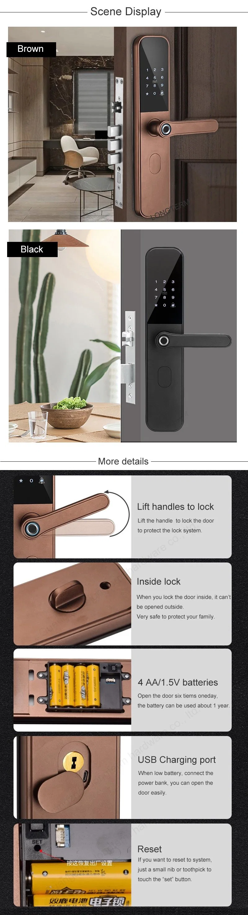 Electronic Intelligent Fingerprint Smart Lock with APP/Card/Key/Code for Home Office