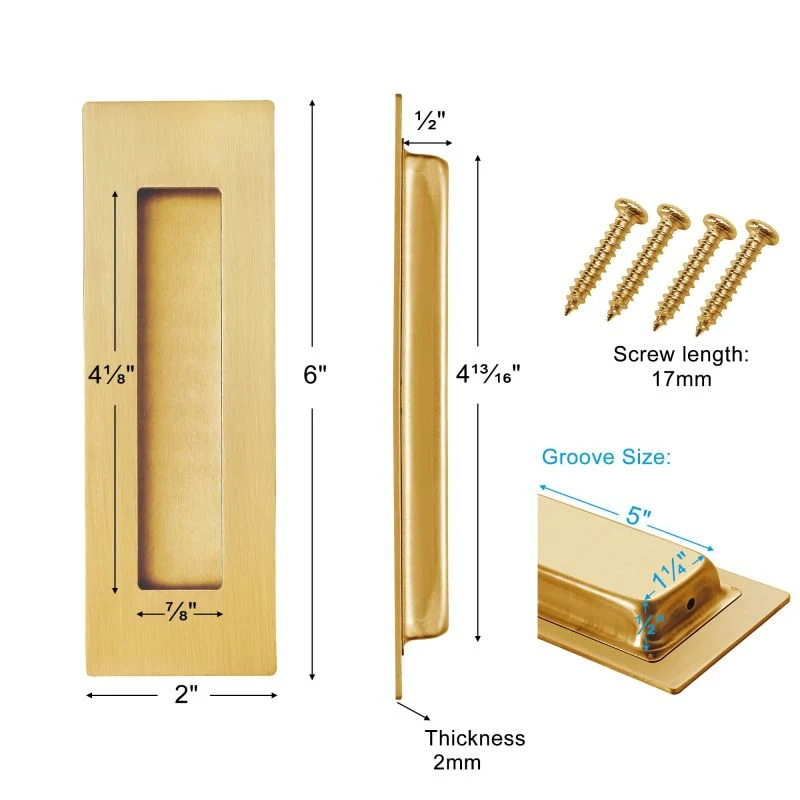 Hardware Pocket Closet Door Brushed Gold Stainless Steel Rectangular Door Handle