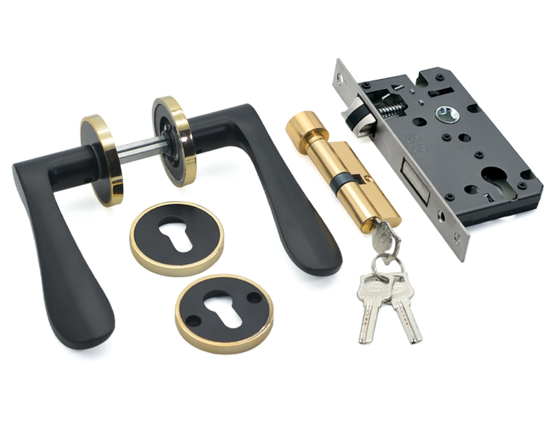 Modern Design Luxury Gold Ring Black Door Handle with Lock Set