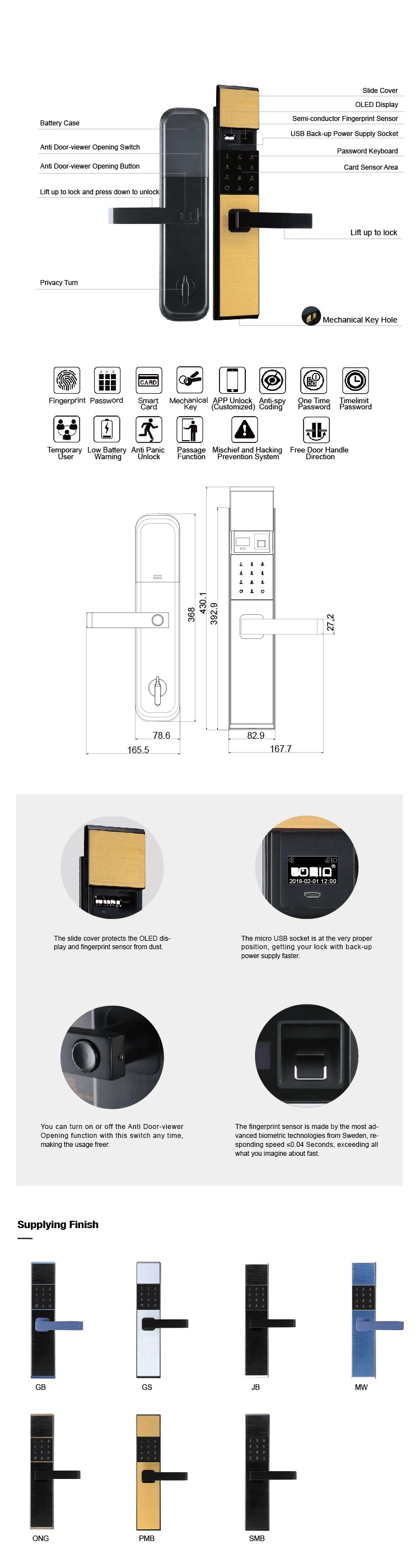 Electronic Keyless Fingerprint Passward Entry Door Handle Lock