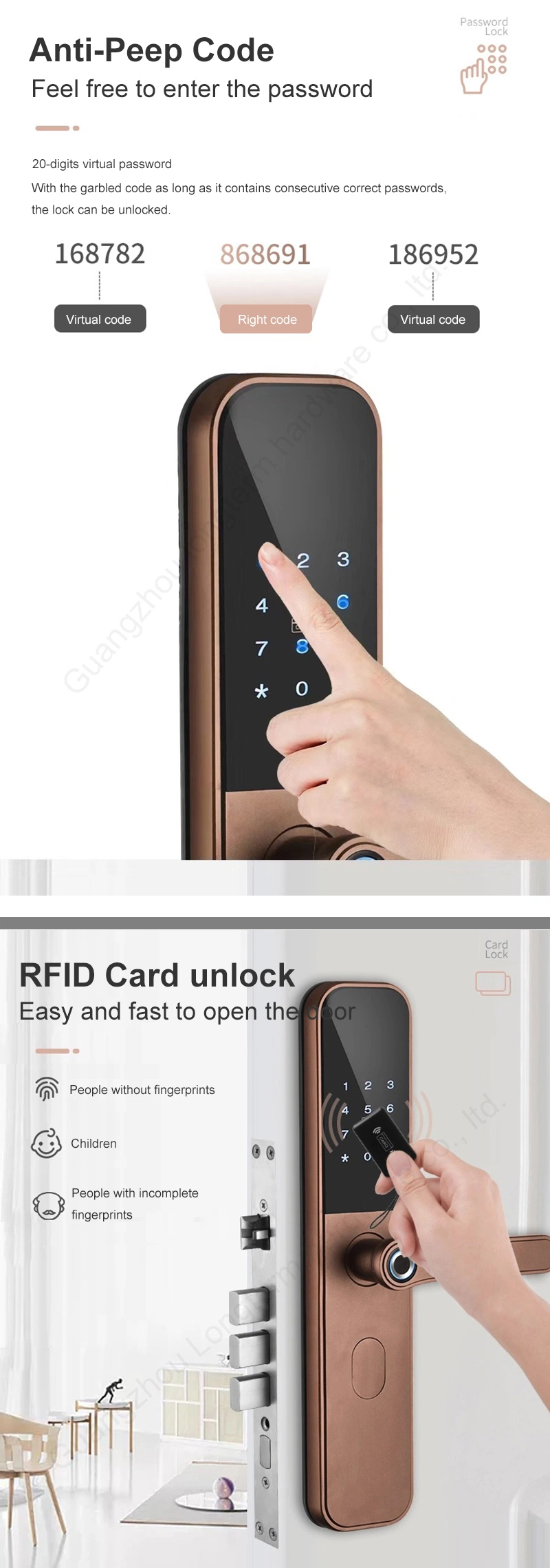 Electronic Intelligent Fingerprint Smart Lock with APP/Card/Key/Code for Home Office