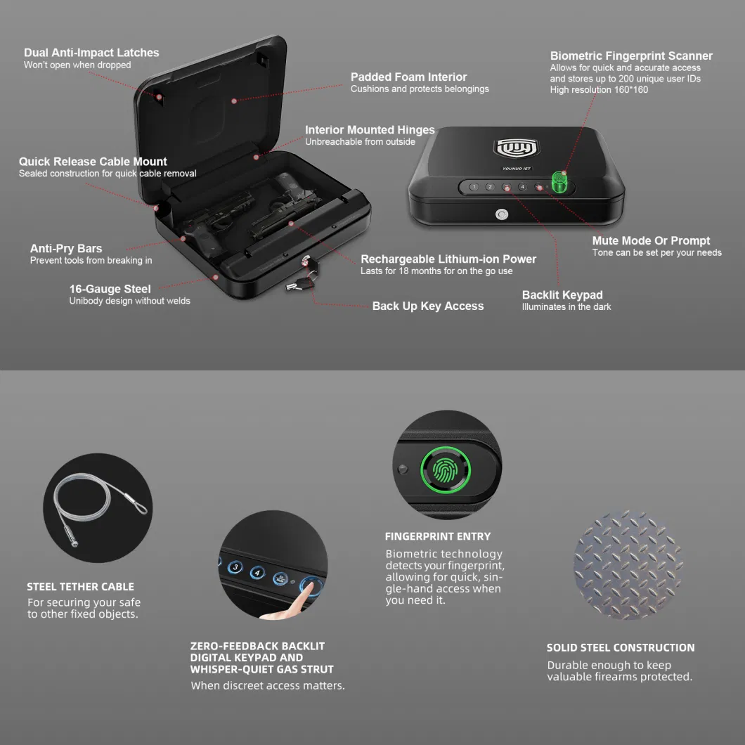 Portable Fingerprint Password Key and Mechanical Key for Unlocking Gun Safe Box