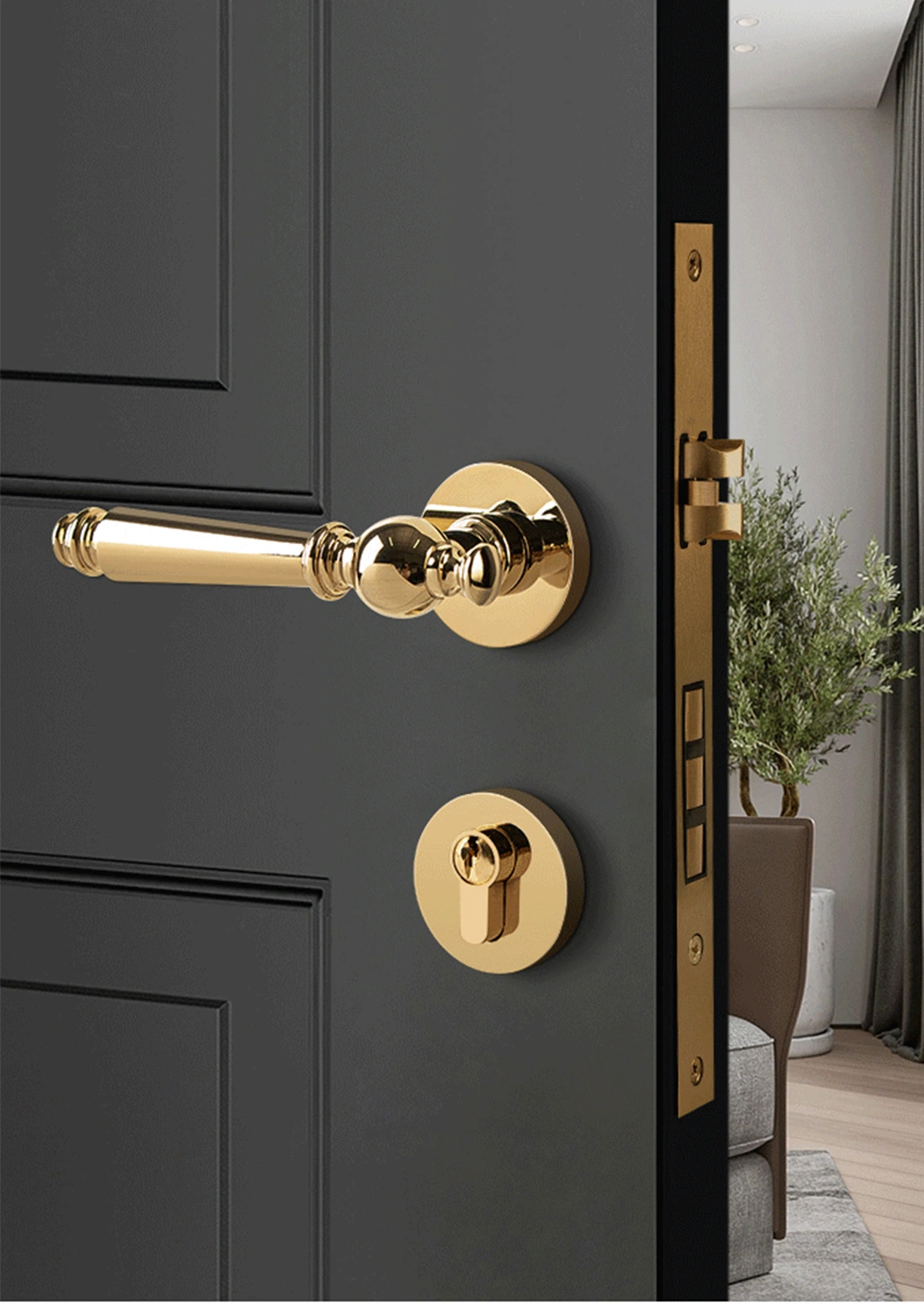 Modern Zinc Alloy Design Pull Handle and Lock Gold Color Luxury Door Handle for Bedroom