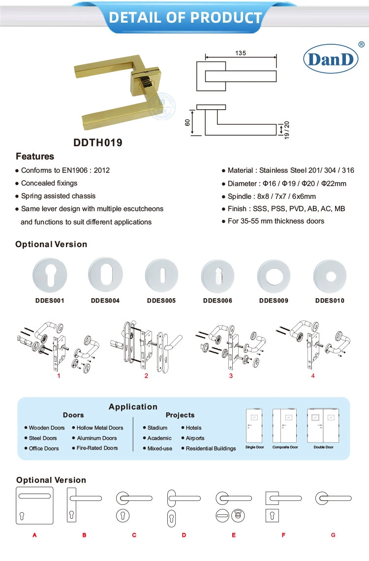 Gold Polished Brass Stainless Steel Wooden Door Lock Privacy Door Handle