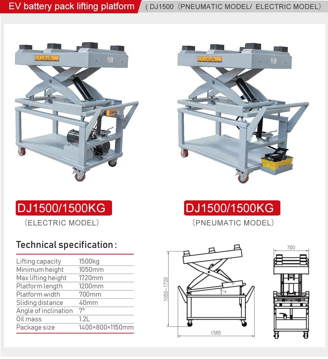 1500kg Pneumatic &amp; Electrical EV Battery Pack Lifting Platform with Max Lifting Height 1720mm