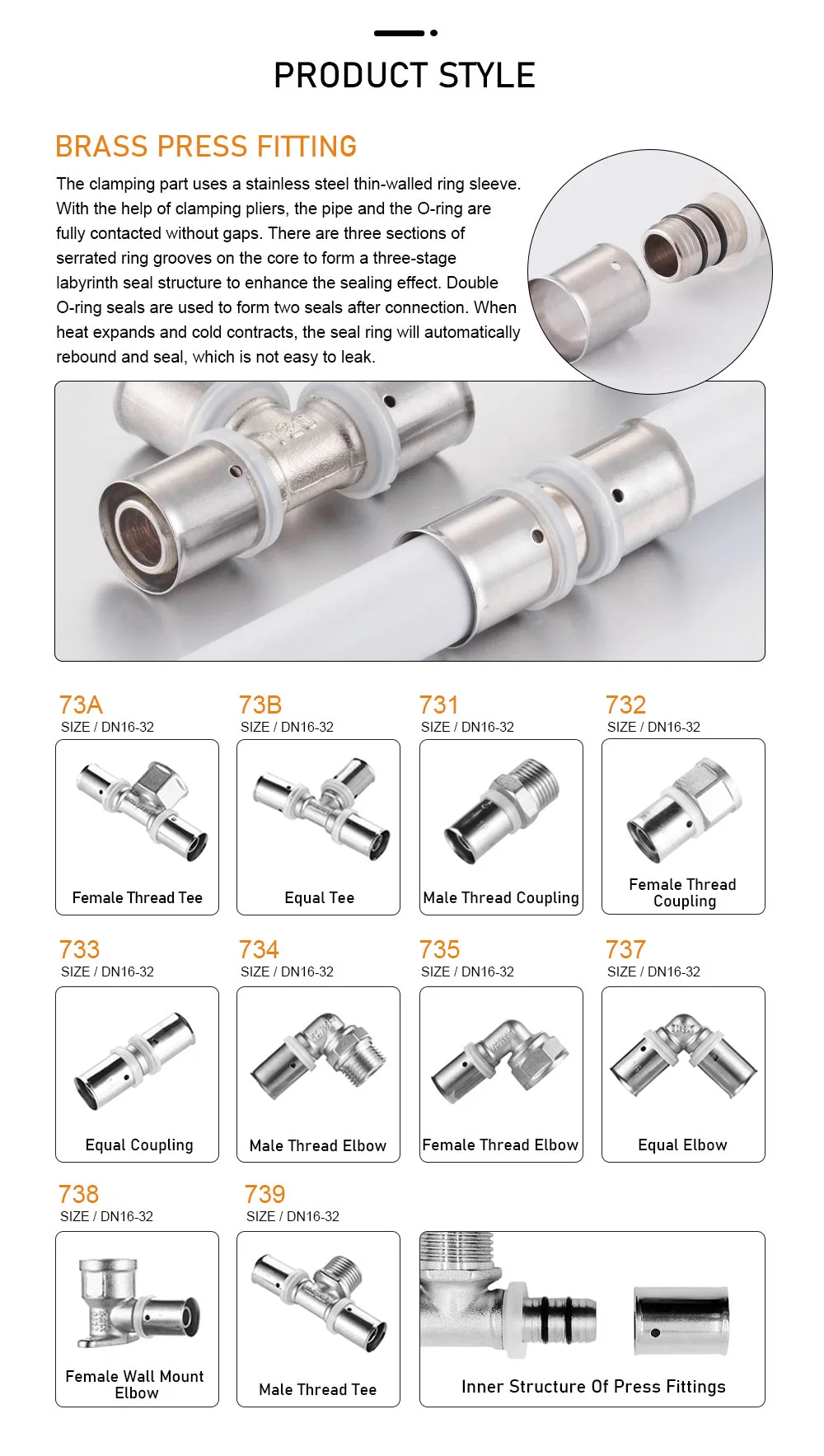 Underfloor Heating Pex-Al-Pex Press Fittings Pex Brass Press Fitting Pipe Fittings for Pex-Al-Pex Multilayer Pipe