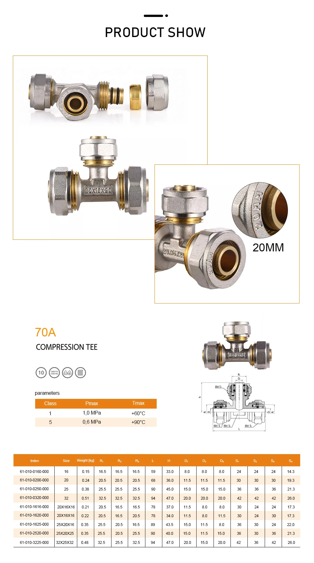 Brass Compression Tee Equal Tee 22mm Pex Fittings Brass Compression Fitting for Plumbing