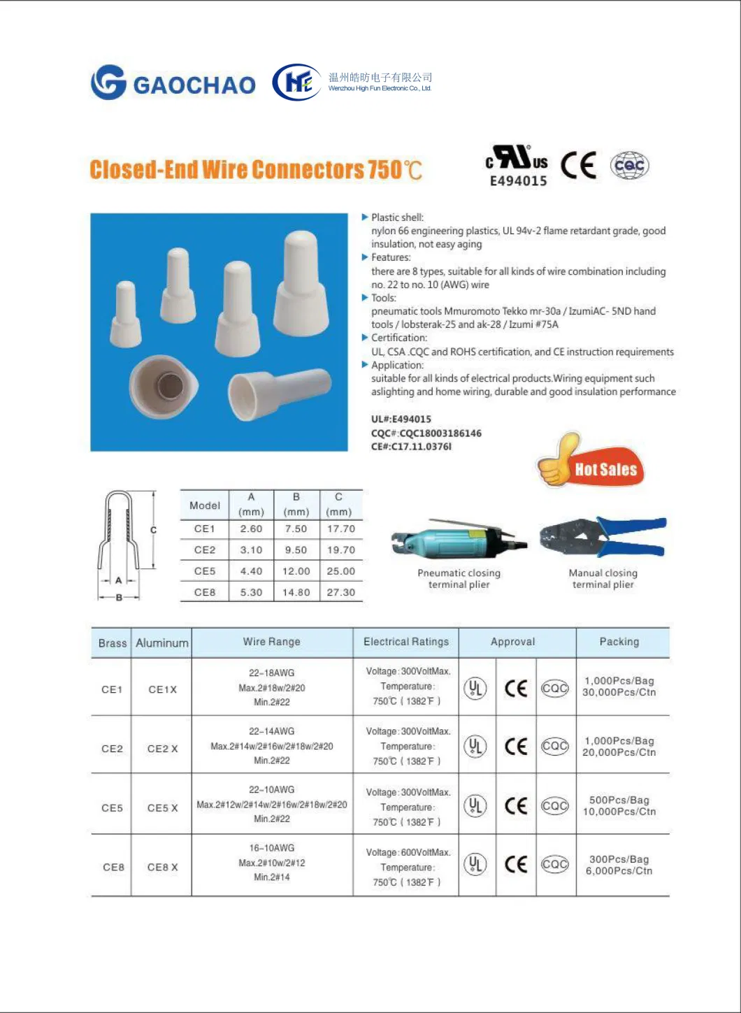 Transparent Wire Cap CE2 Copper Tube Connection Wire Connector CQC UL Certified Nylon PA66 Brass Pipe Closed End Terminal