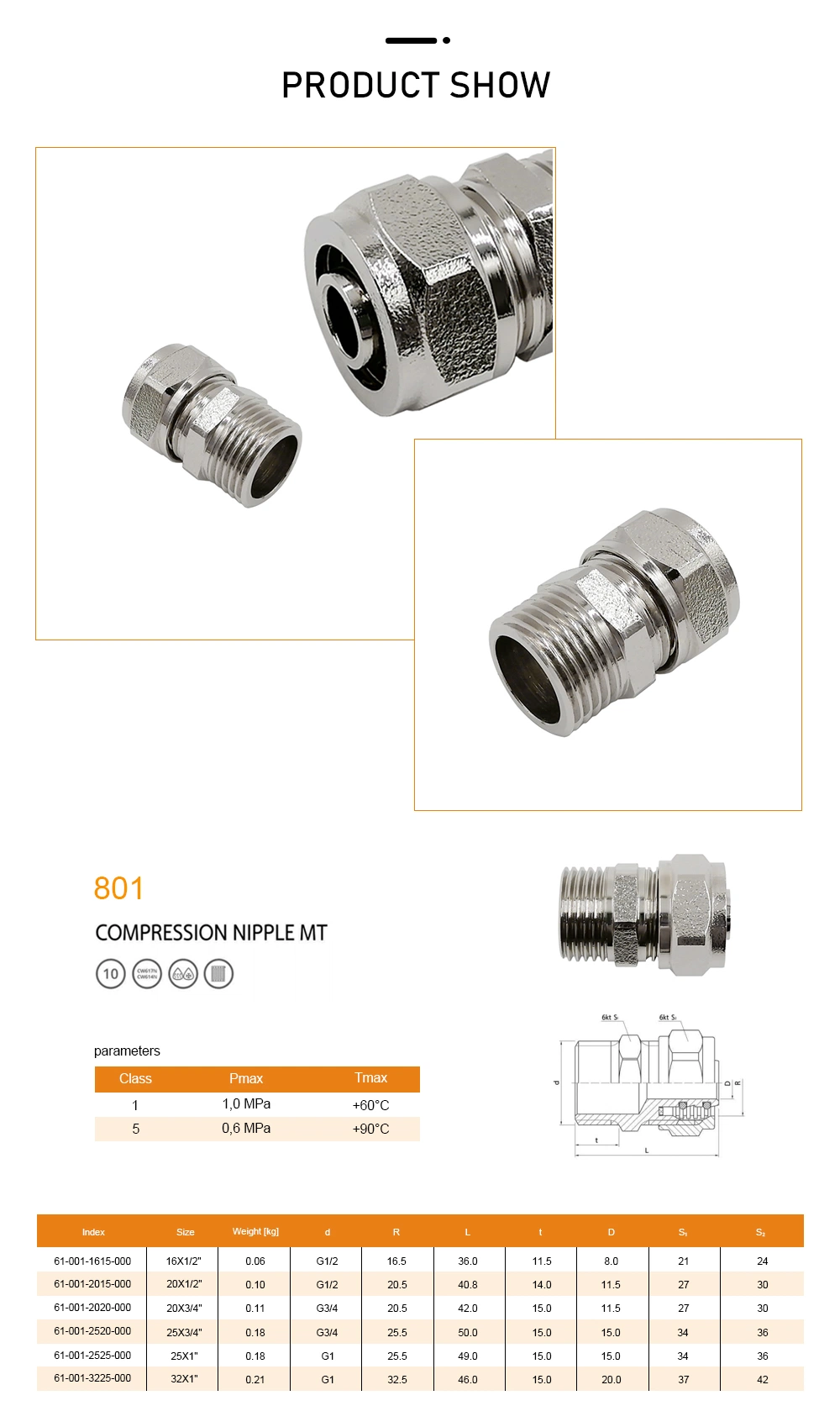 Brass Male Threaded Coupling Screw Fittings Pex Fittings Brass Compression Tube Pipe Fitting Connector, Straight Coupling Adapter