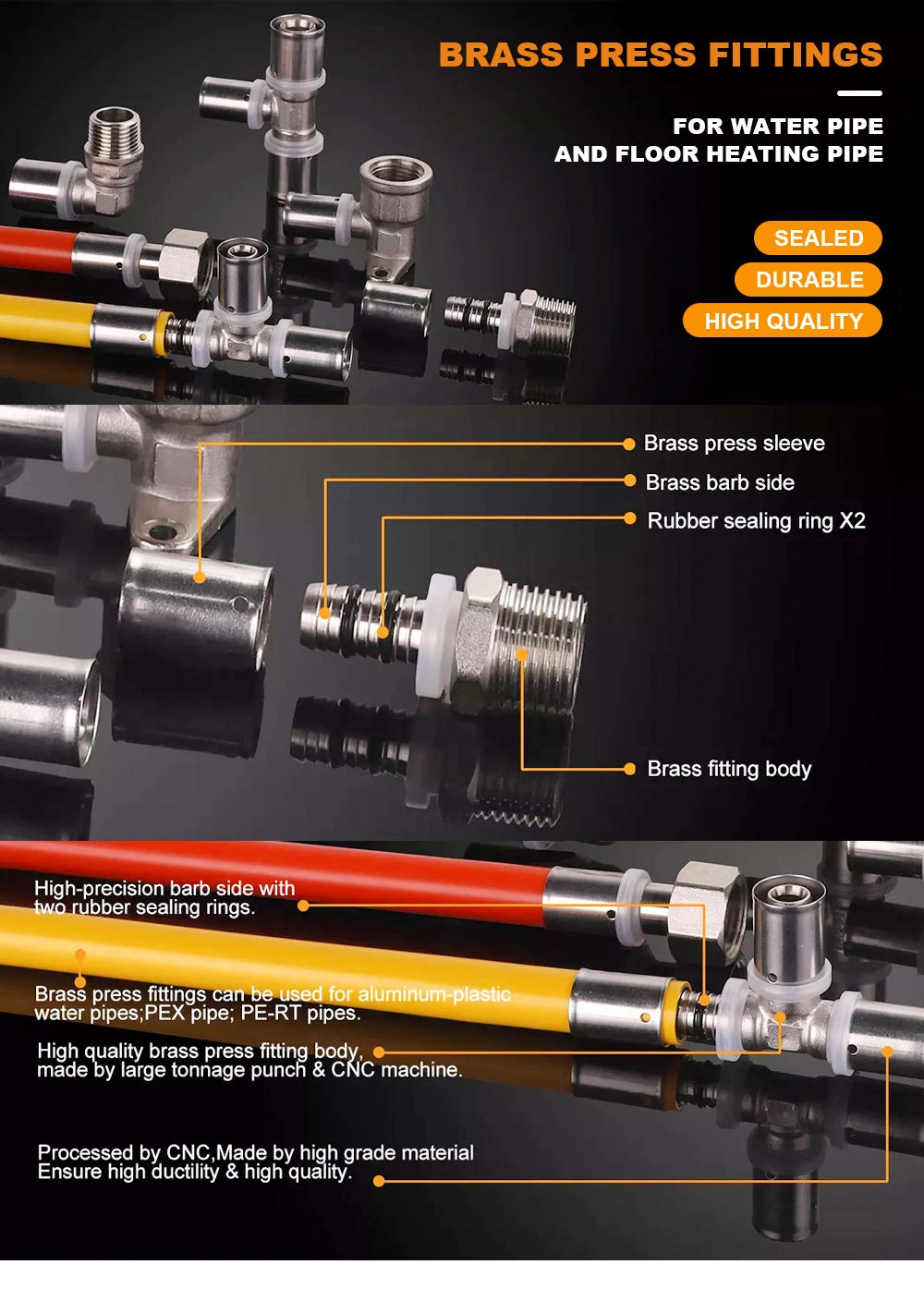 1/2inch 3/4inch Pex Press Equal Tee Coupling U Type Copper Brass Press Fittings for Pex Underfloor Heating Pipe