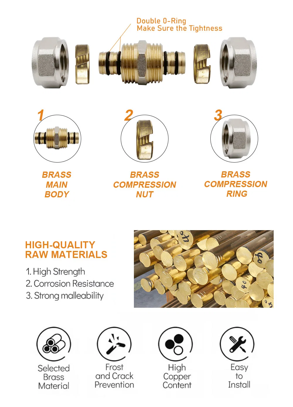 Manufacturer Socket Coupling Connector Copper 1/2&quot; 3/4&quot; 1&quot; Compression Fitting Pex Brass Fittings