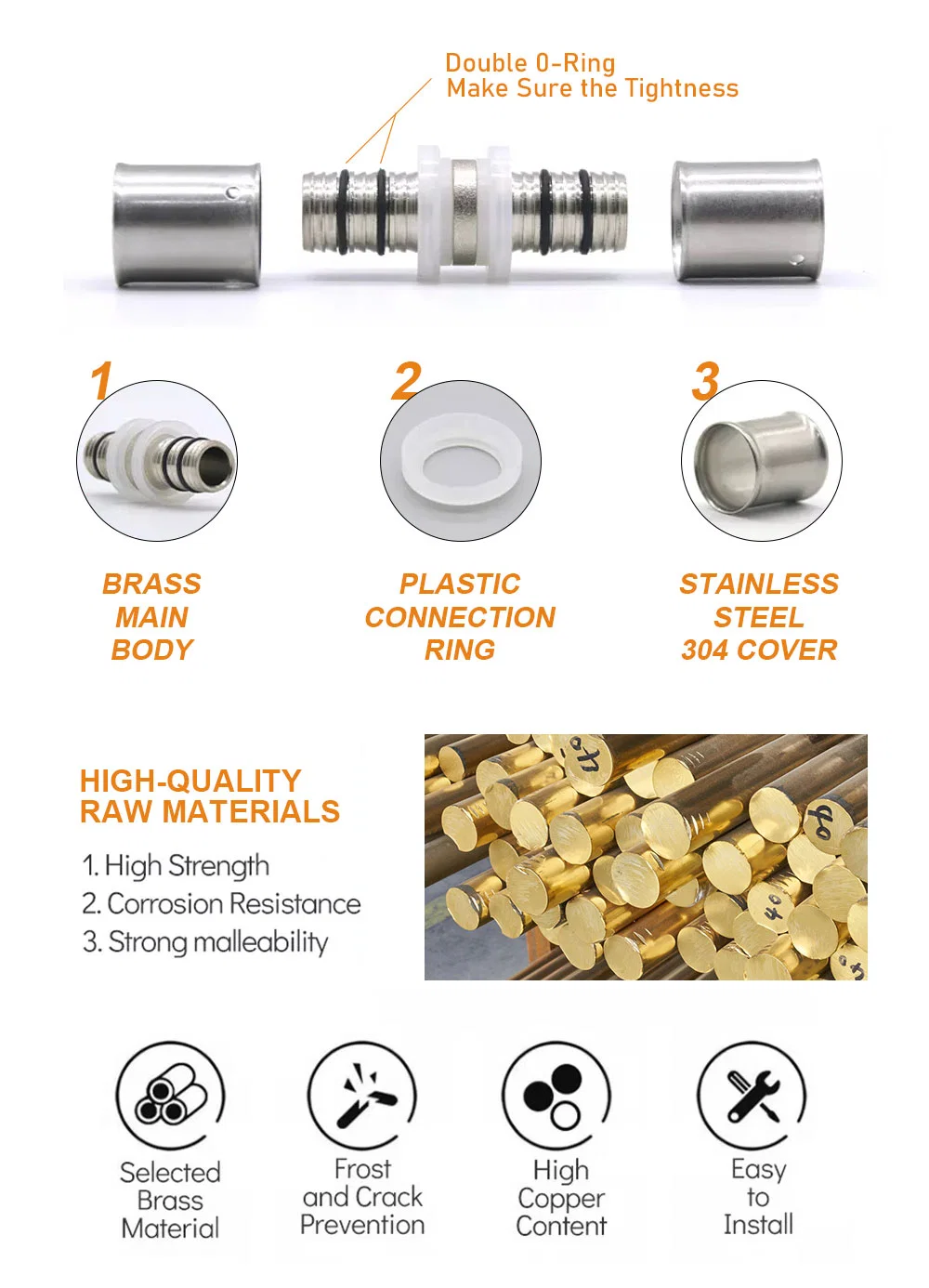 1/2inch 3/4inch Pex Press Equal Tee Coupling U Type Copper Brass Press Fittings for Pex Underfloor Heating Pipe