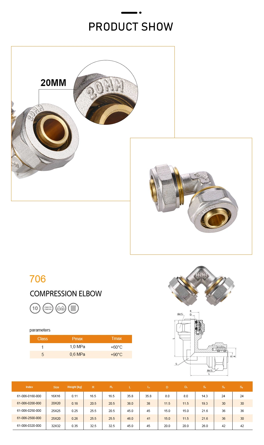 16mm-20mm Female Elbow Pex-Al-Pex Brass Compression Fittings Union for Pex-Al-Pex Pipe, with High temperature and Pressure