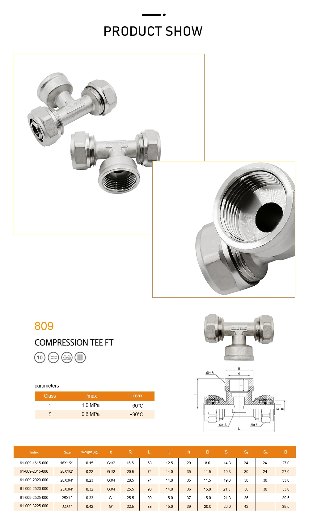 Brass Compression Fitting Male or Female Tee for Water Gas Pipe