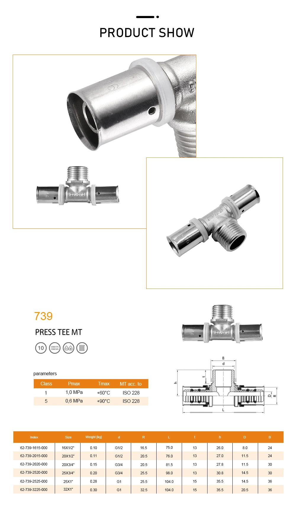 Pex Tee Crimp Fitting Pex Plumbing Underfloor Heating Copper Coupling Brass Pipe Fitting for Aluminum Pipe