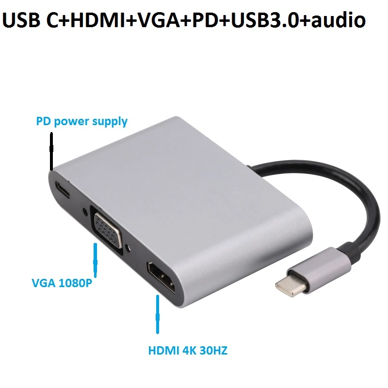 USB C to HDMI+VGA+Pd+USB3.0+Audio Hub