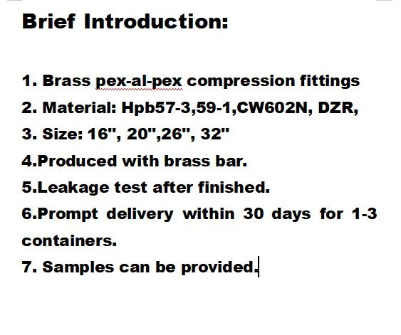 Metal Aluminum Plastic Pipe Brass Joint Female Compression Joint Pex Brass Fittings