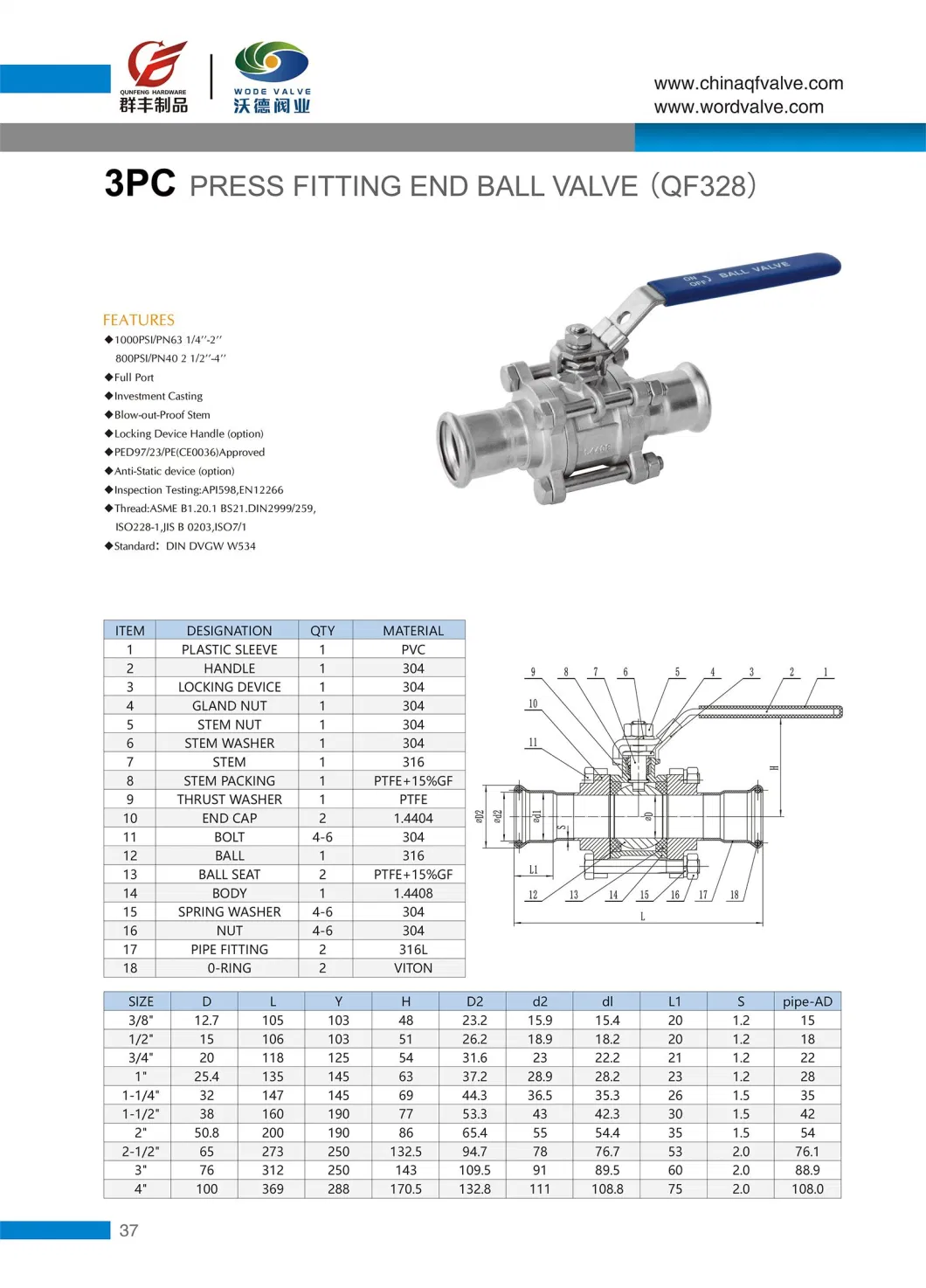 3PC Press Fittings Ball Valve Stainless Steel Pn16 Body-1.4408 (316) Cap-1.4404 (316L) Pipe Fitting-316L