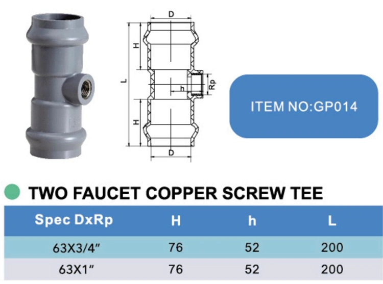 PVC Pressure Fittings with Gasket Two Faucet Copper Screw Tee