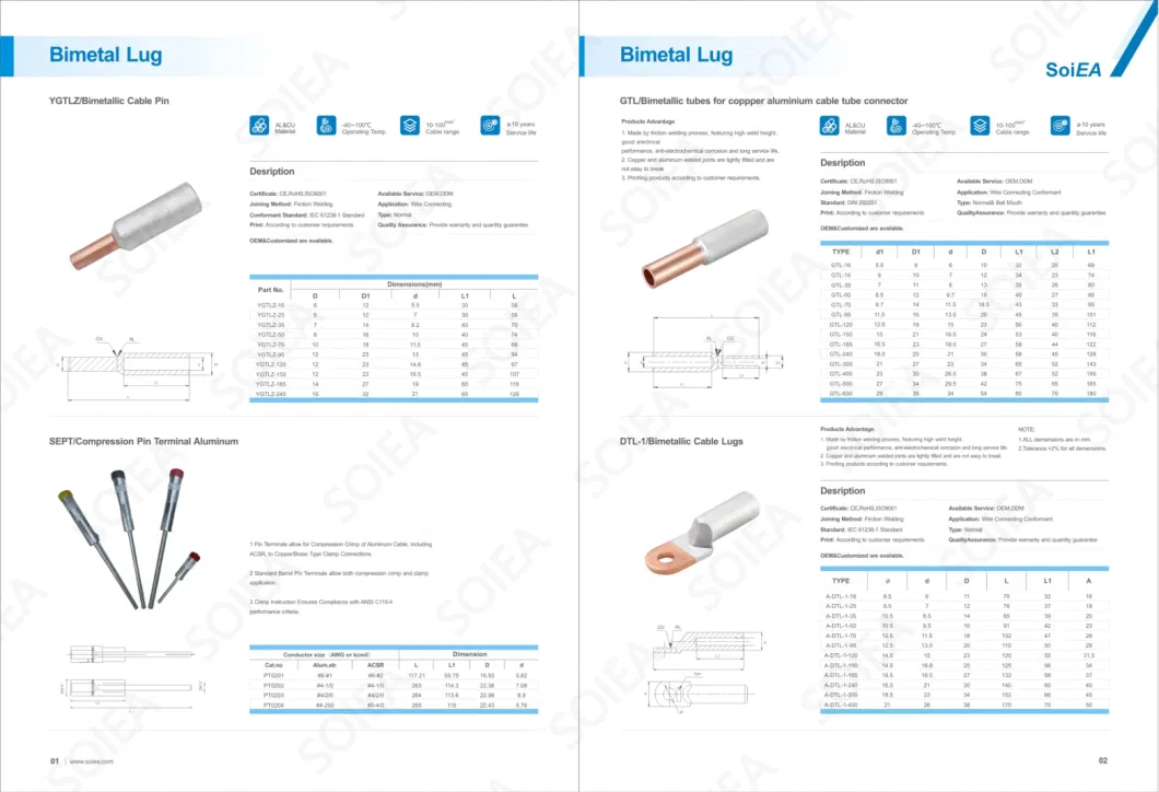 Gtl Lugs Cable Lugs Copper and Aliminum Connector of Electrical Bimetal Lug Crimp Terminal Pipe Lugs