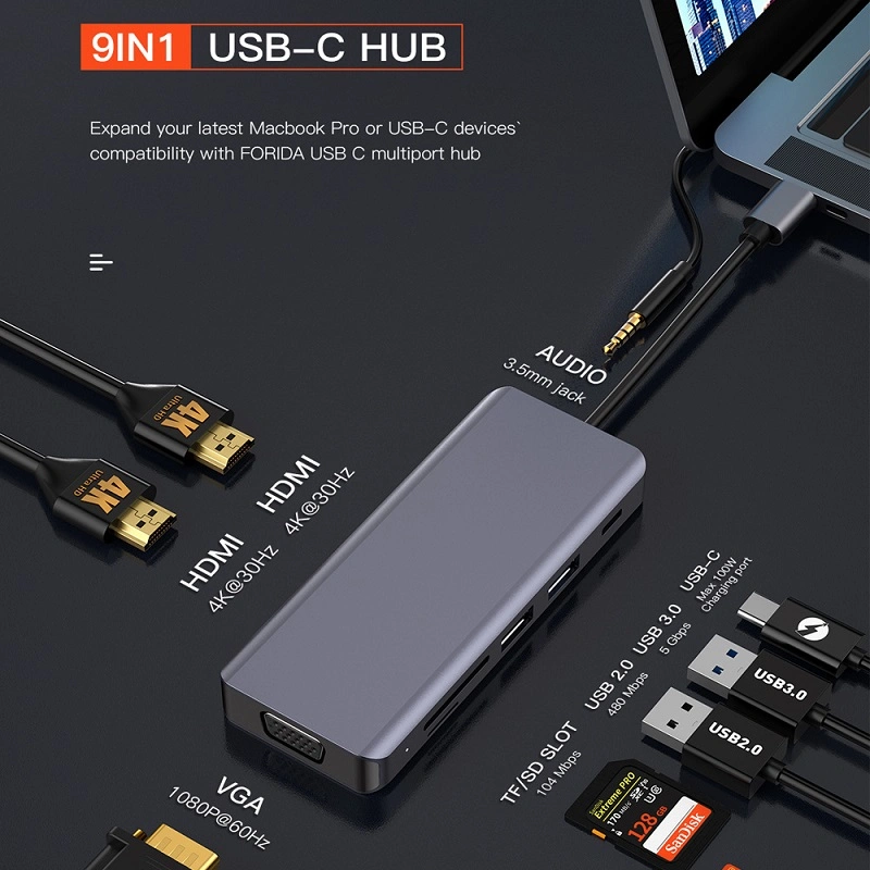 Computer 9 in 1 Hub USB3.1 Type C Mst Hub