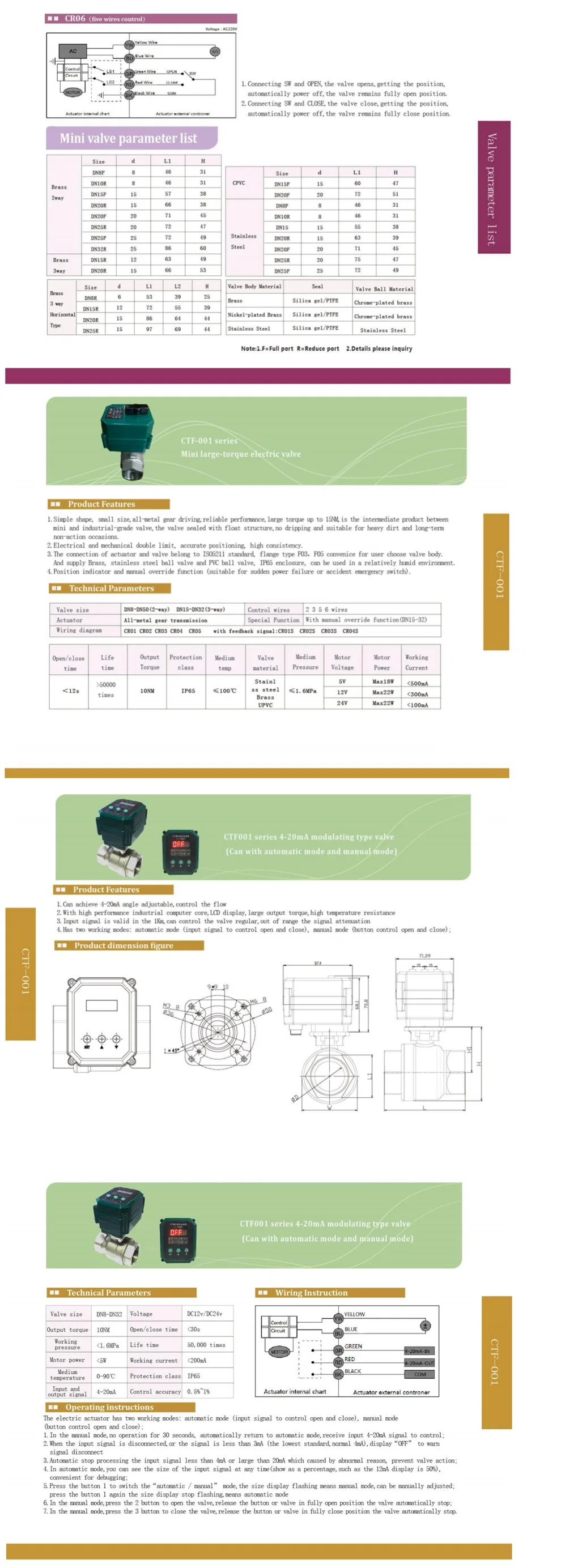 Mini Motorized Ball Valve Motorized Water Control Valve Brass Stainless Steel Electric Actuator Flow Control Valve Cwx-15n DN8 DN10 DN15 DN20 DN25