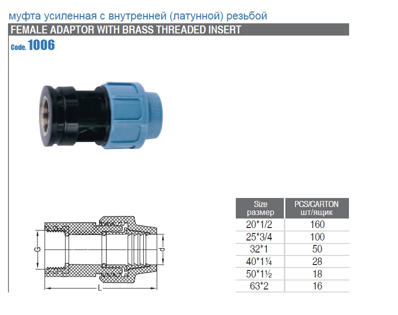 Female Adaptor with Brass Threaded Insert for Irrigation PP Compression Fittting