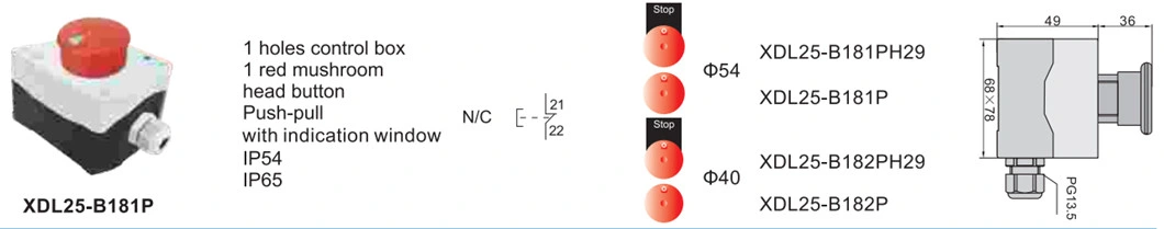 Xdl25-B181p Emergency Button Mushroom Push Button Lockout Mushroom Box