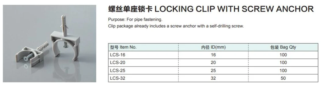 Locking Clip with Screw Anchor for Pipe Fastening