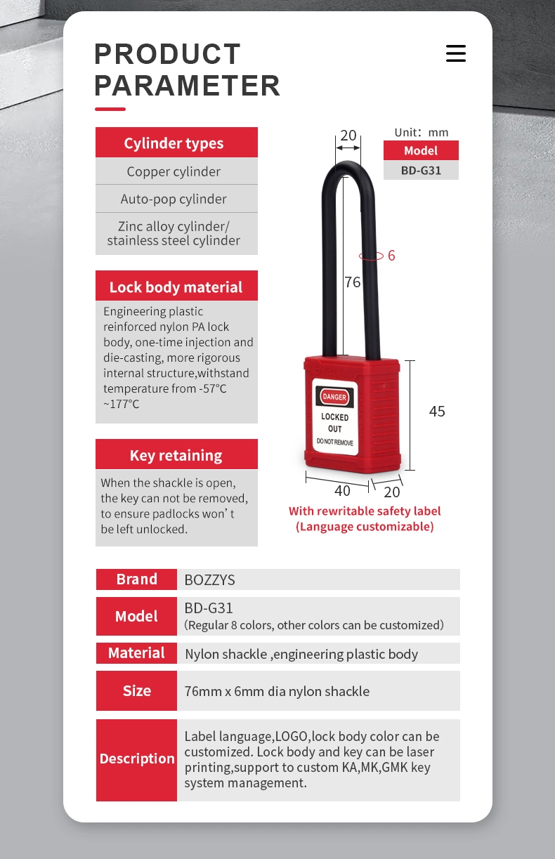 Nylon Material 76mm Long Shackle Safety Padlock with Key