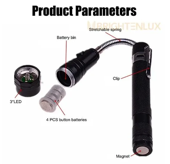 Pick up Tool 3 LED Flexible Inspection Telescopic Aluminum Flashlight with Magnet