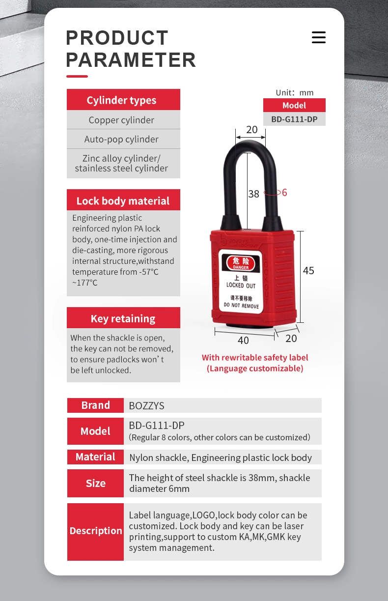 Bozzys Nylon Shackle Insulated Padlocks for Lockout Safe Run Safety Supplies Lockout